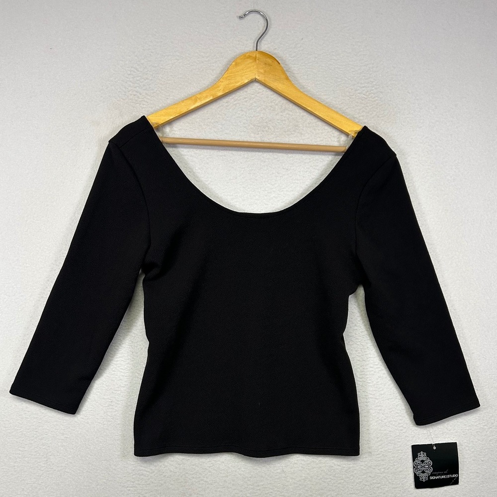 Minimalist Signature Studio Women L Black Scoop Neck 3/4 Sleeve Textured Top
